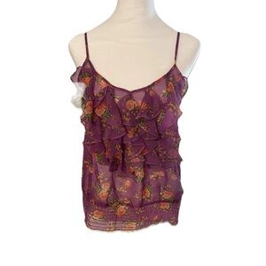 New Bongo Y2K Women’s Purple Floral Ruffle Sheer Cami Top Layered Large Smocked